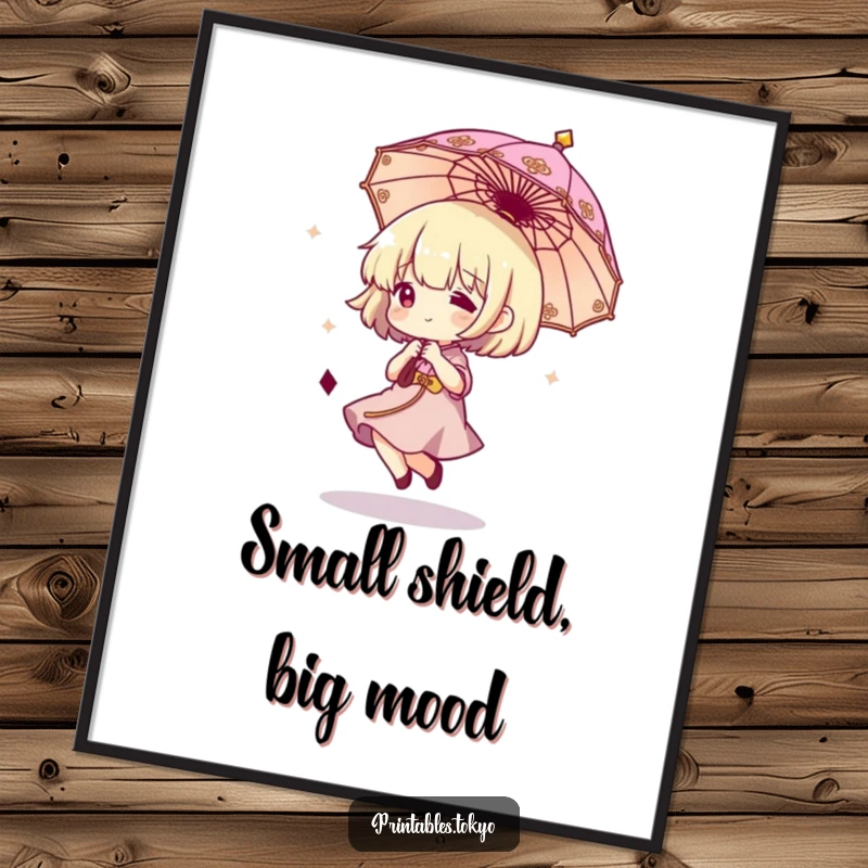 Funny digital art of a character in mid-bounce with a miniature ornate umbrella, a delightful piece for instant wall decor.