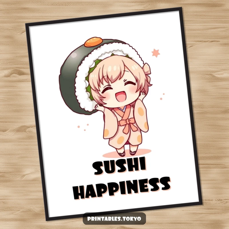 Funny small character in a kimono joyfully holding a large sushi roll, a high-quality humorous digital art print.