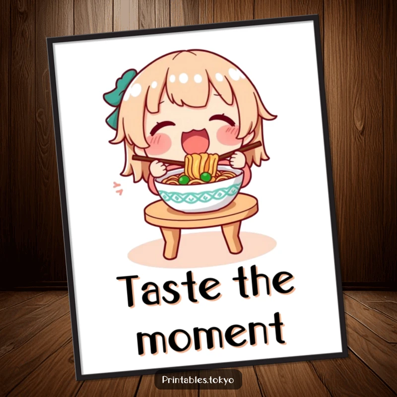 Funny digital art print of a character blissfully enjoying a steaming bowl of noodles at a small table.