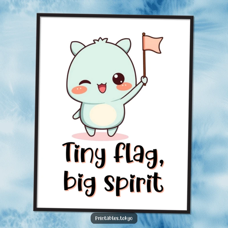 Funny digital art print of an excited character waving a small paper flag, bringing instant cheer and spirit to any space.