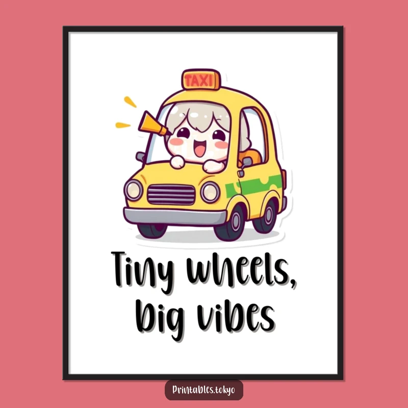 Funny Tiny Taxi Digital Art: Cheerful Character Honking Horn, Instant Hilarious Download