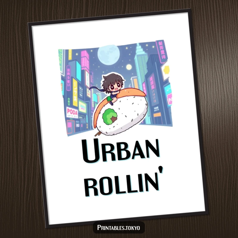 Funny digital illustration of a character riding a giant sushi roll through a vibrant, glowing neon city.