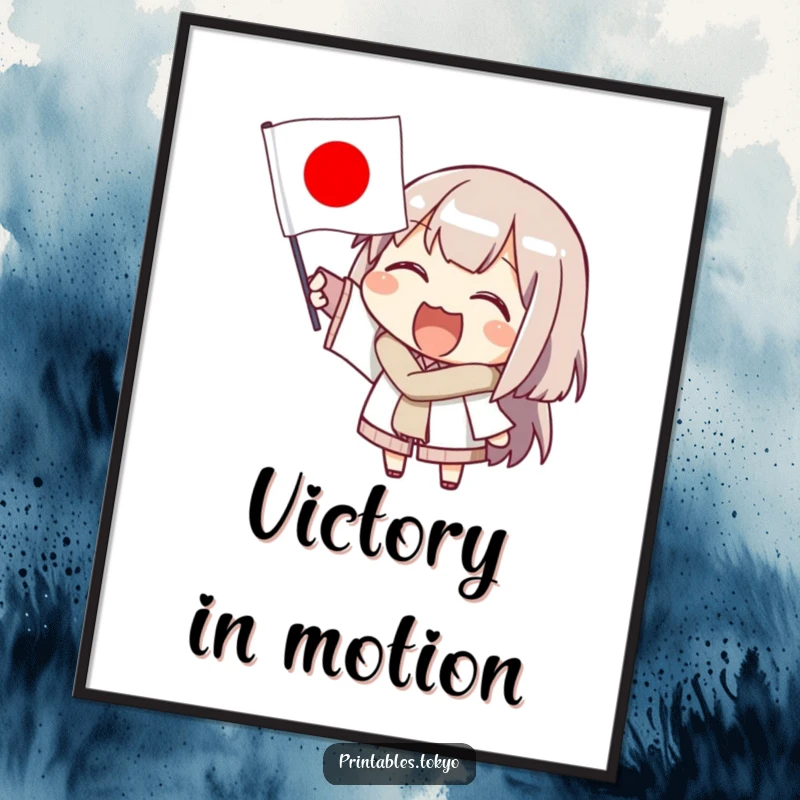 Funny digital art print of an energetic character enthusiastically waving a small Japanese flag, ideal for vibrant and cheerful decor.