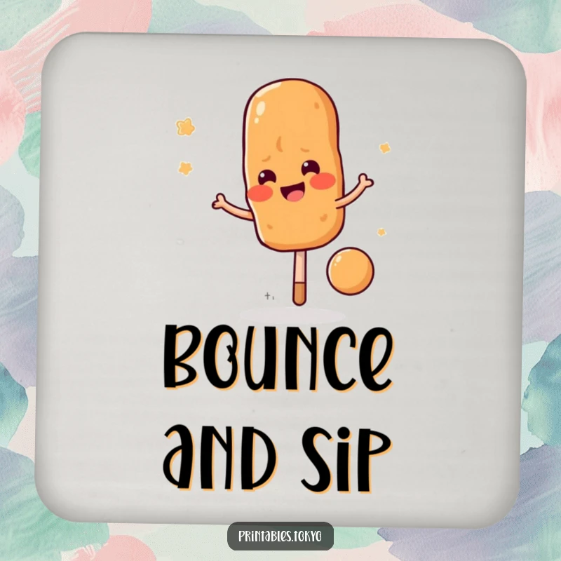 Funny yakitori skewer drink coaster, bouncing with energy, protecting surfaces with culinary charm, a small funny gift.