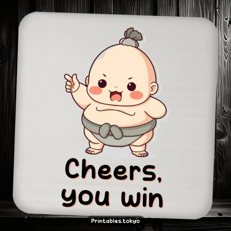 Funny character dressed as a sumo wrestler, playfully pointing, on a drink coaster. Adds bold humorous charm to tabletops.