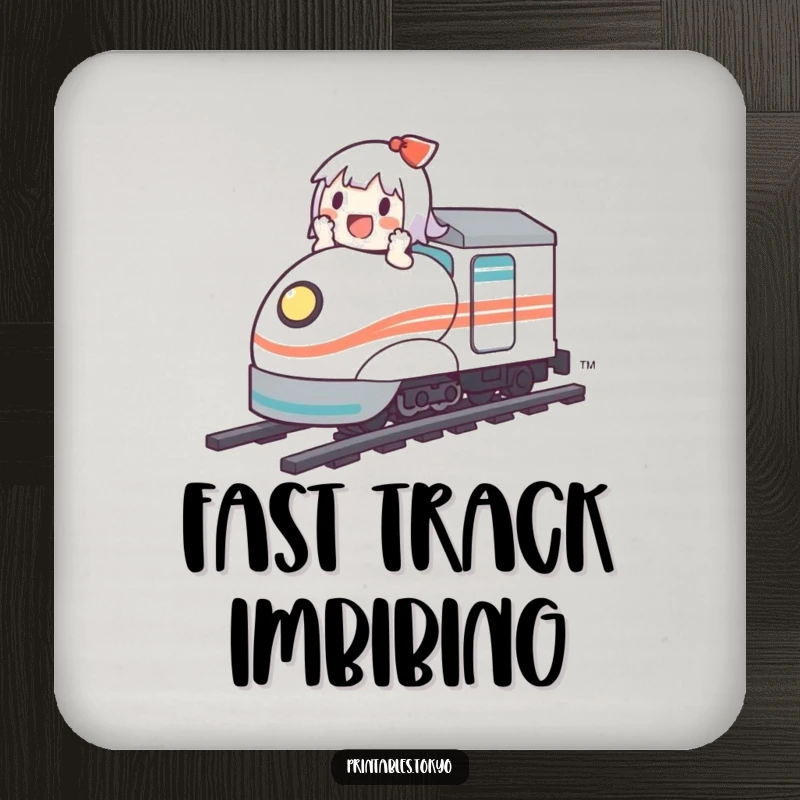 Funny drink coaster with a cute character gleefully riding a miniature bullet train, adding humor to surfaces.