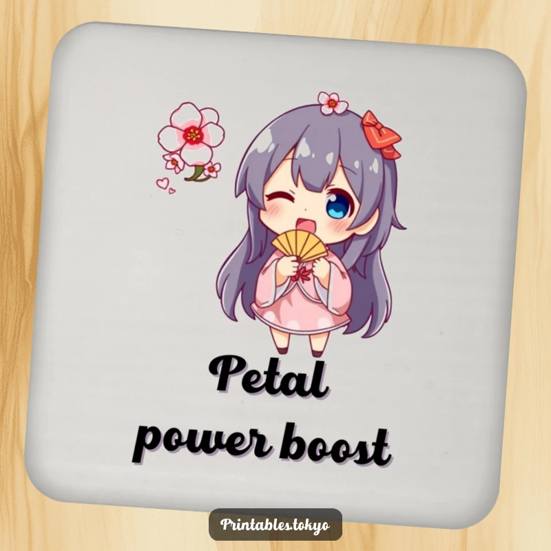 Funny cherry blossom fan drink coaster with a character happily waving a fan decorated with blooming cherry blossoms, protecting surfaces with charm.