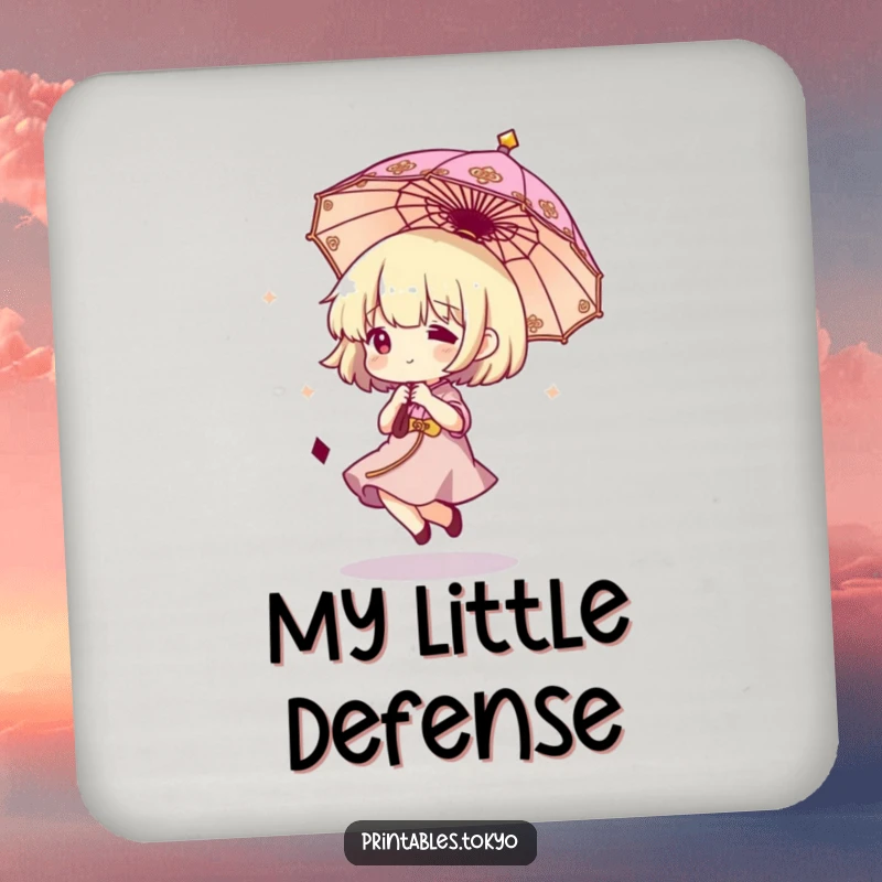 Funny drink coaster featuring a character gleefully bouncing a small, decorative umbrella, ideal for protecting surfaces with whimsical art.