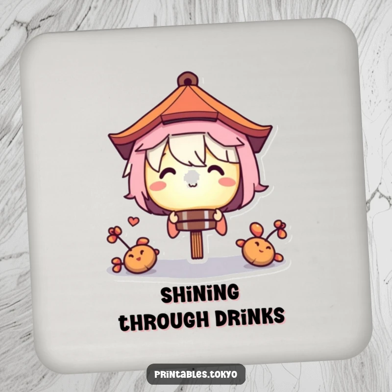 Funny drink coaster featuring a character peeking from behind a softly glowing paper lantern, adding a touch of playful mystery.
