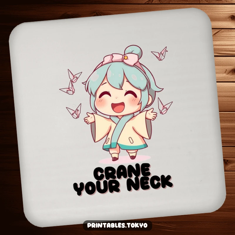 Funny drink coaster with a smiling character juggling miniature colorful origami cranes, adding a touch of whimsical art to tabletops.