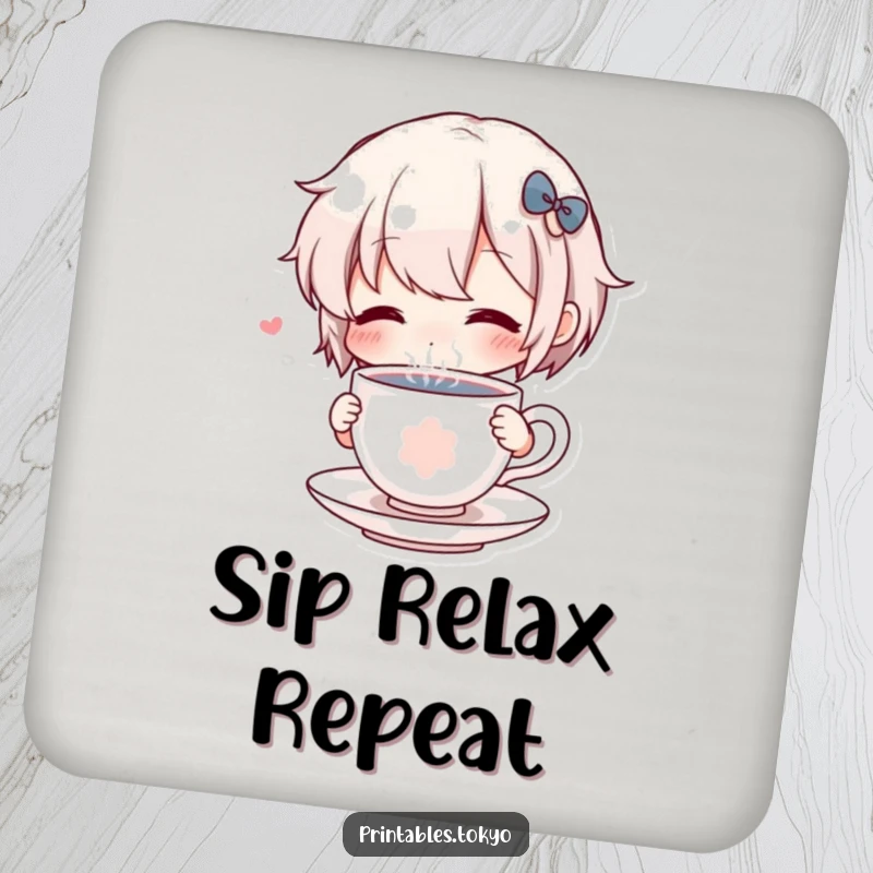 Funny Coaster: A character comically sips from a tiny, steaming teacup, adorning your table with humor.