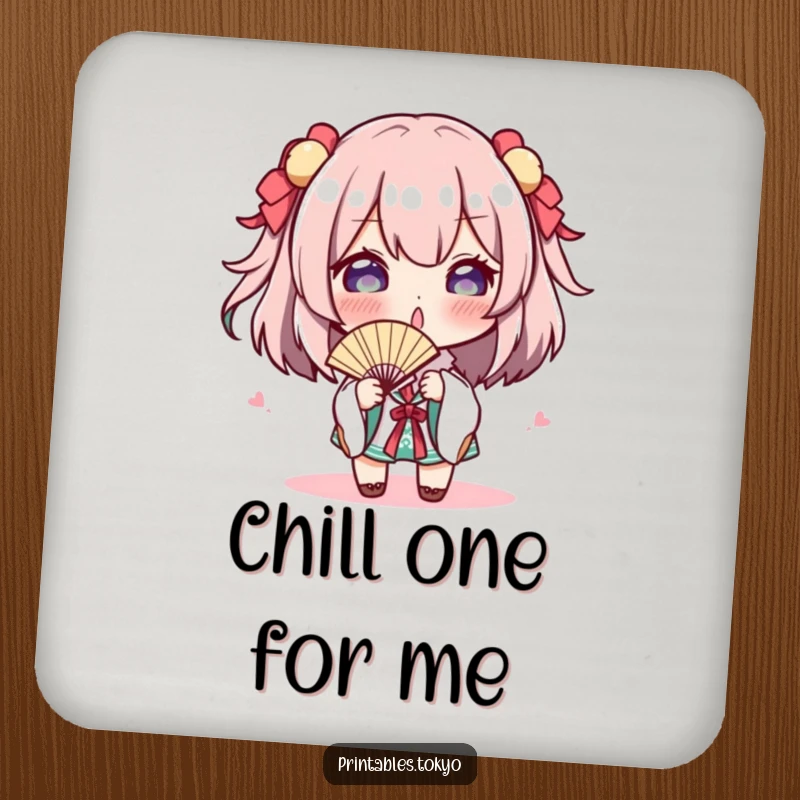 Funny Drink Coaster: A character playfully gestures with a tiny fan, protecting surfaces with cool humor, a perfect funny gift.