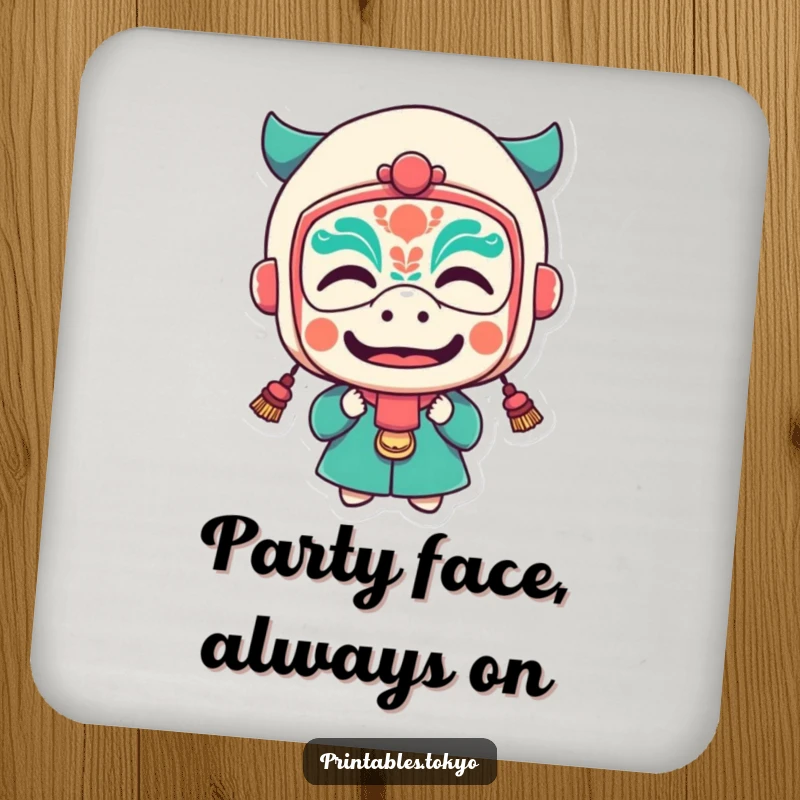 Funny coaster depicting a character in a festival mask making a funny face, adding playful charm.