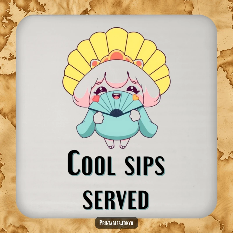 Funny coaster with a smiling character holding a gigantic novelty fan, protecting surfaces with cool humor.