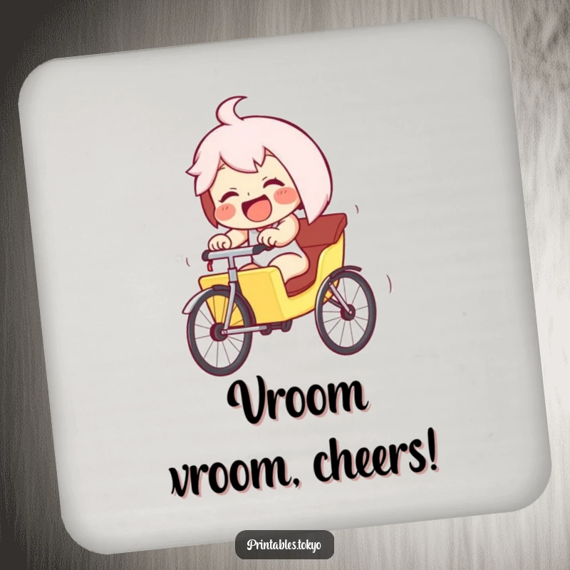 Funny giggling character in a tiny rickshaw, pedaling furiously downhill, on a drink coaster. Adds humorous downhill charm to tables.