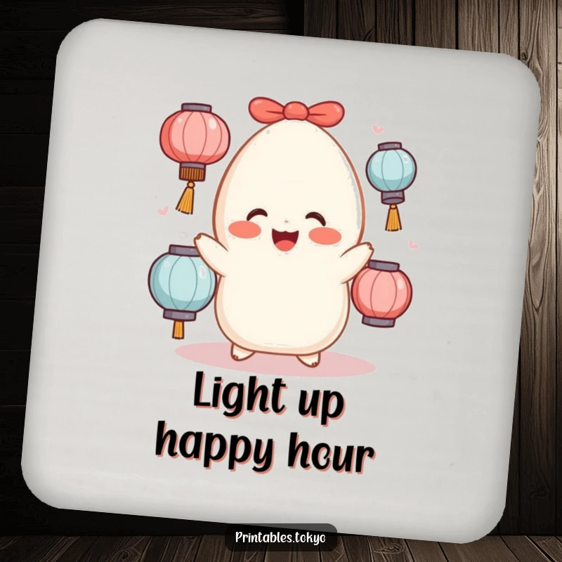 Funny rosy-cheeked mochi character juggling lanterns, designed as a protective and humorous drink coaster.