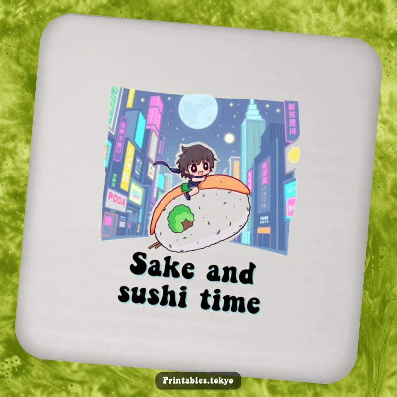 Funny drink coaster showing a character riding a giant sushi roll through a dazzling neon city cityscape.
