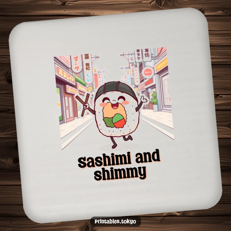 Funny sushi roll character dancing on a Tokyo street, designed as a protective and humorous drink coaster.