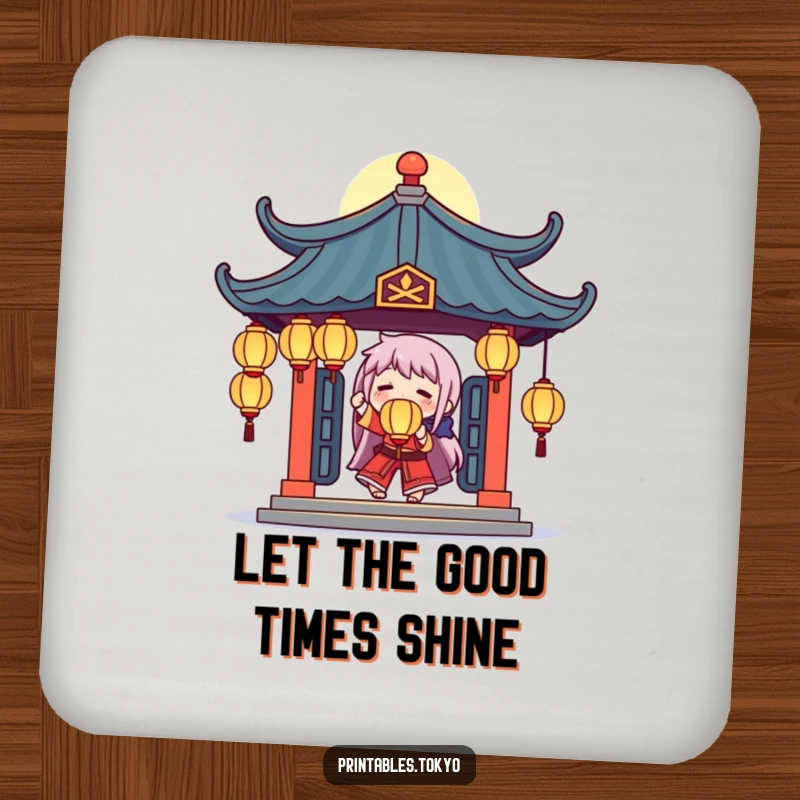 Funny drink coaster showing a character juggling glowing lanterns under a stylized temple roof, adding a touch of magic.