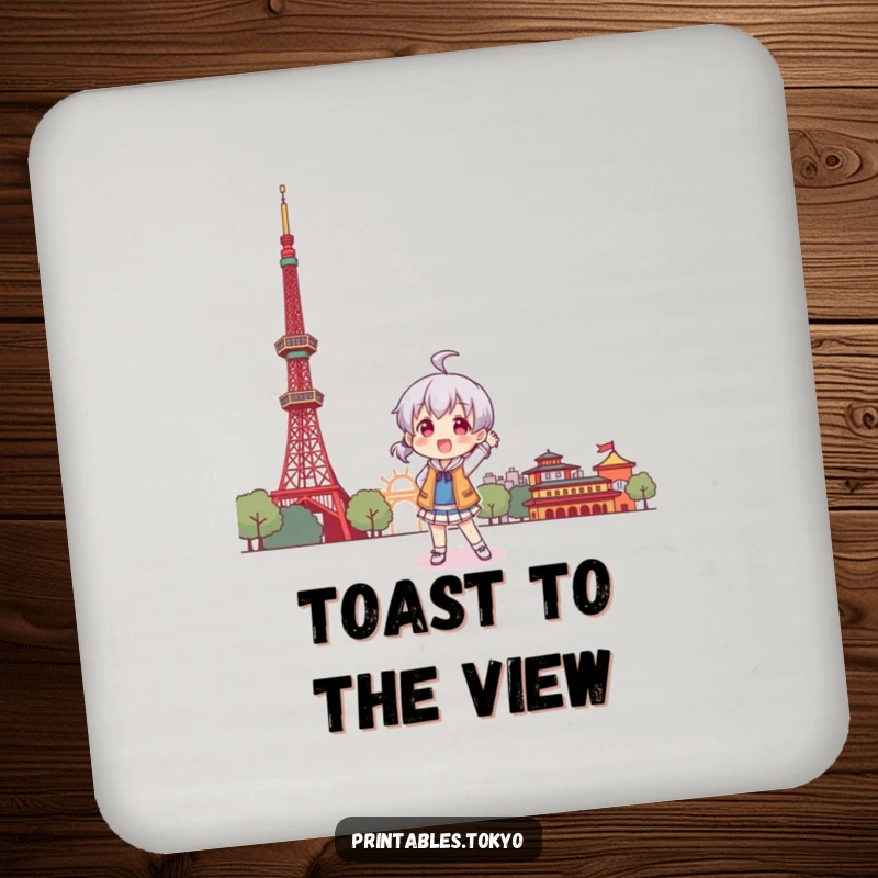 Funny drink coaster with a character playfully posing in front of a stylized Tokyo Tower, adding humor.