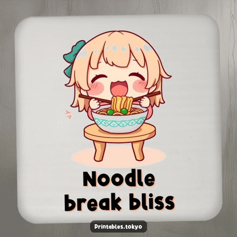 Funny drink coaster illustration of a character happily eating a steaming bowl of noodles, protecting surfaces with humor.