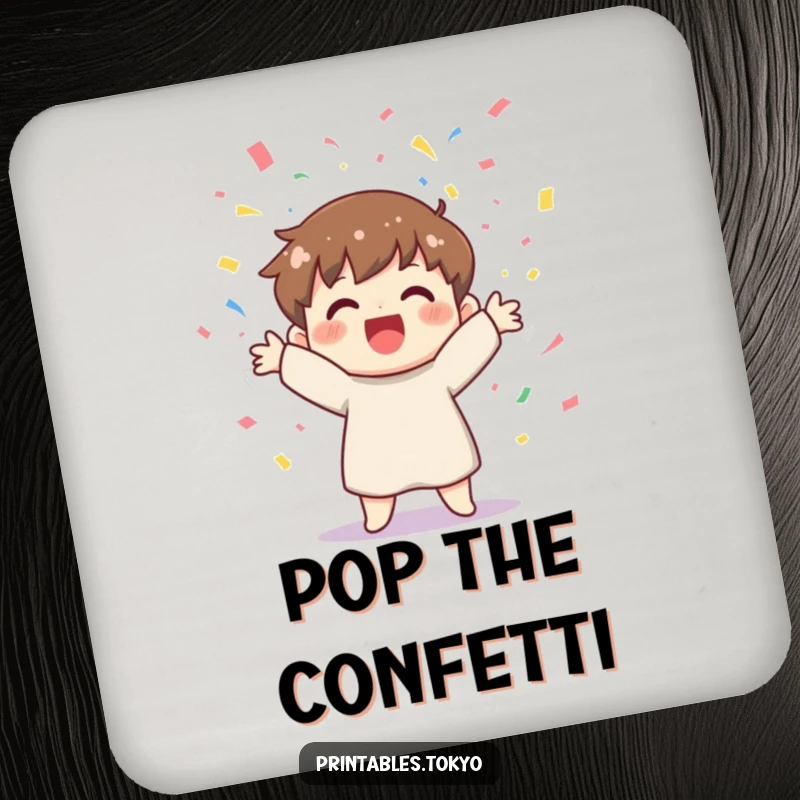 Funny coaster with a cheerful character joyfully tossing colorful confetti, protecting surfaces with a festive vibe.