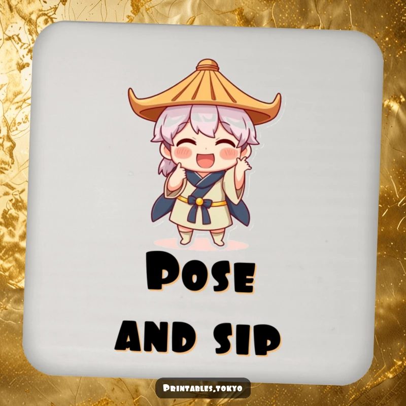 Funny drink coaster showing a character in a Japanese hat striking a comical pose, adding artistic humor to tabletops.