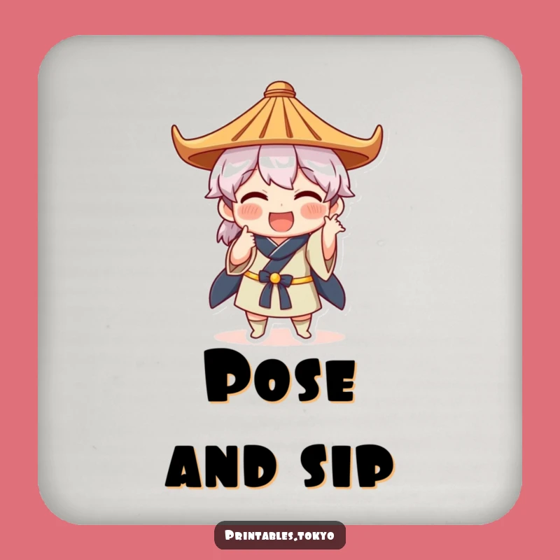 Funny Japanese Hat Pose Coaster - Quirky Art - Protect Surfaces with Humor Gift