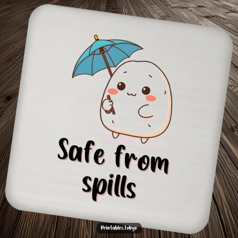 Funny cute onigiri character with a determined expression wielding a tiny umbrella, brave drink coasters, determined and protective accessory.