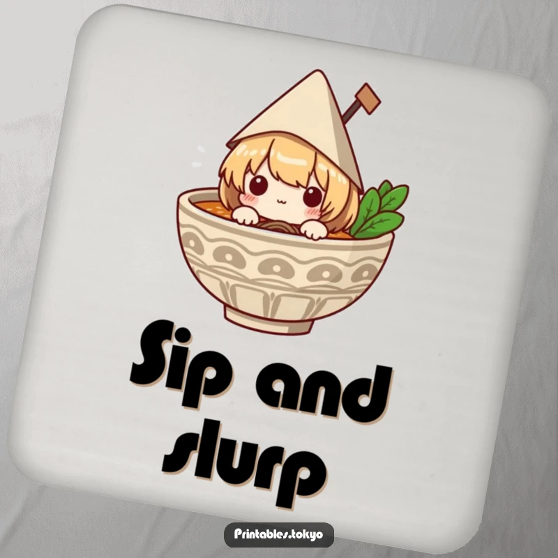 Funny drink coasters featuring a cute character in a paper hat peeking from a ramen bowl, protecting furniture with humor.