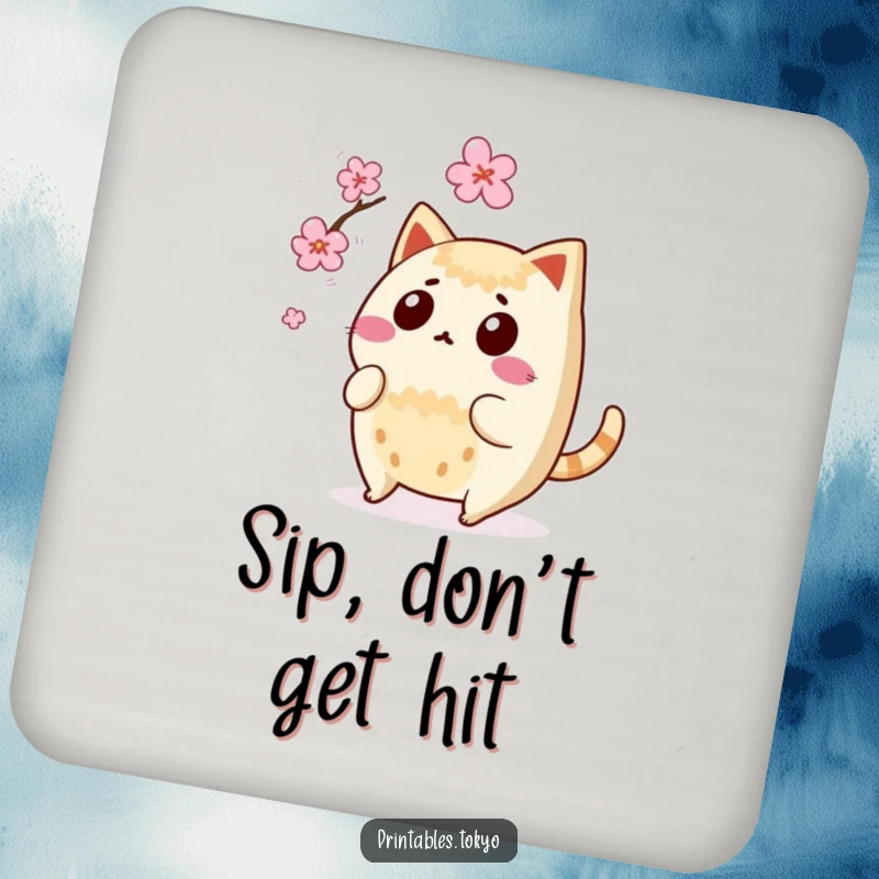 Funny surprised taiyaki character narrowly avoiding a falling cherry blossom, designed as a protective and humorous drink coaster.