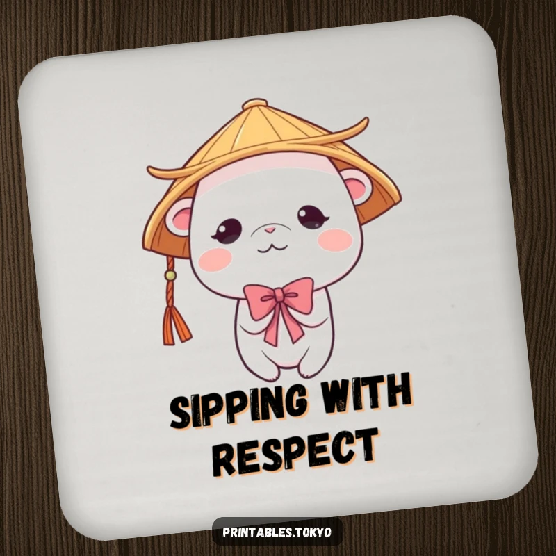 Funny cute creature wearing a traditional Japanese hat, bowing shyly, on a drink coaster. Adds gentle humorous charm to tabletops.