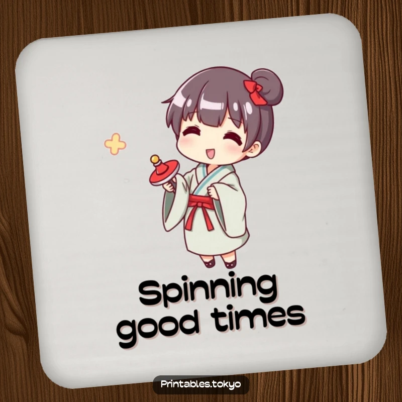 Funny yukata spinner coaster, a character in a yukata happily spinning a top, protecting surfaces with retro charm.