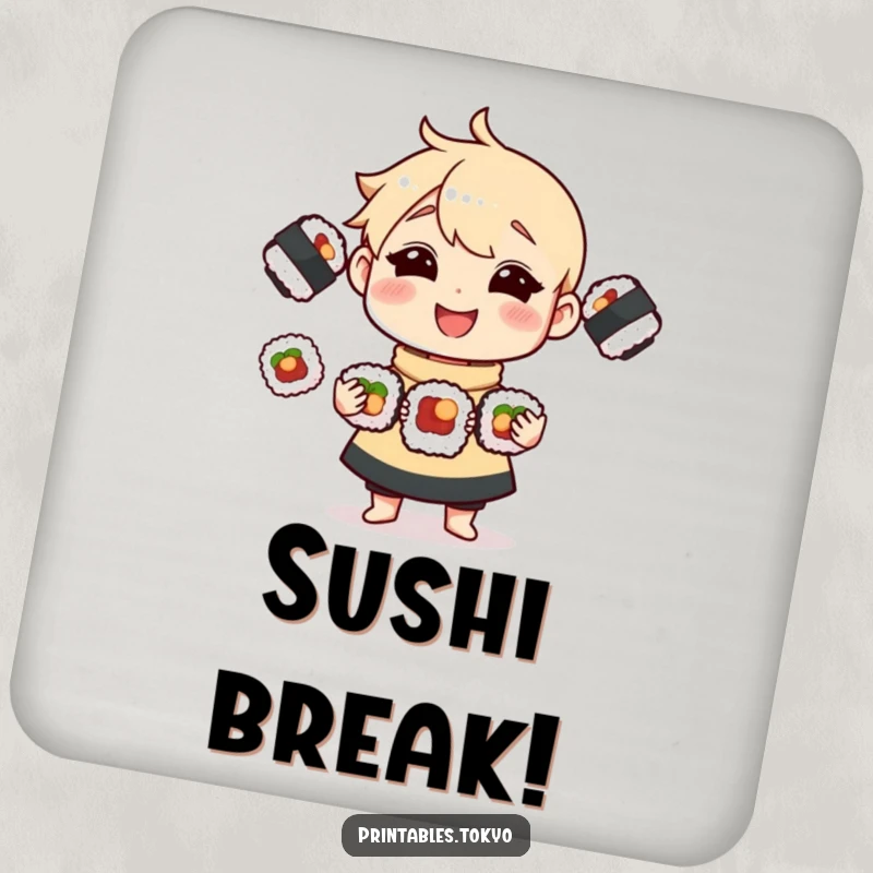 Funny Coaster Set featuring a skilled character juggling three delicious sushi rolls, adding humor to drink service.