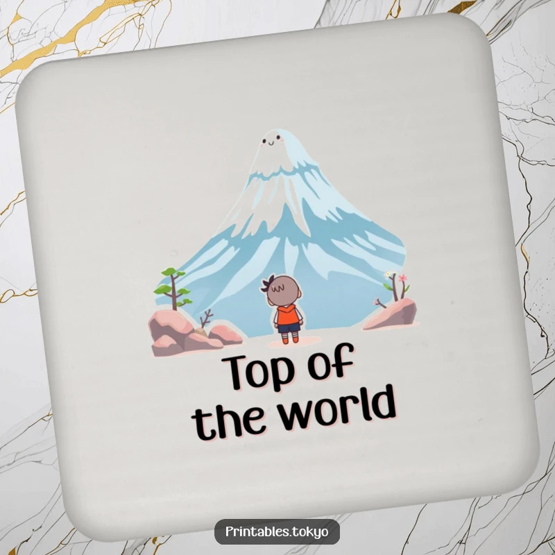 Funny drink coaster showing a character gazing in wonder at a smiling Mount Fuji, adding artistic humor to any surface.