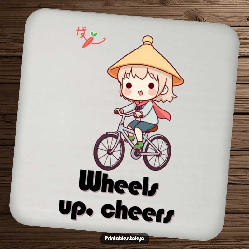 Funny coaster featuring a cute character in a Japanese hat, joyfully riding a bicycle, protecting surfaces with humor.