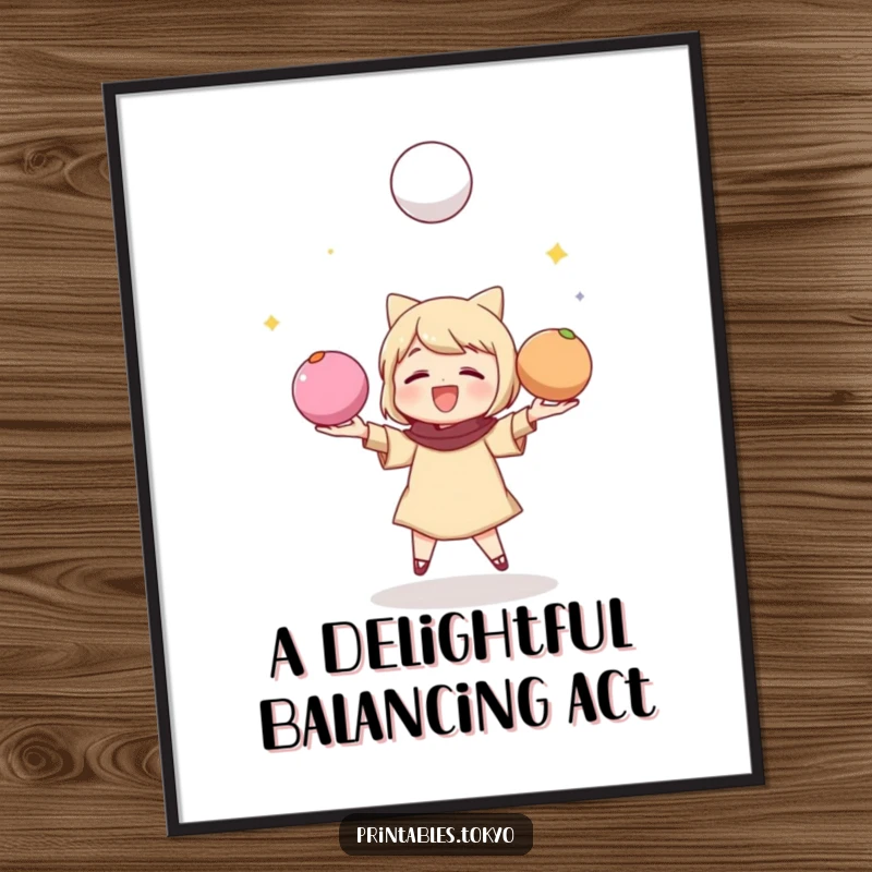 Funny poster of a character energetically juggling three vibrant, round mochi balls, creating a lively scene.