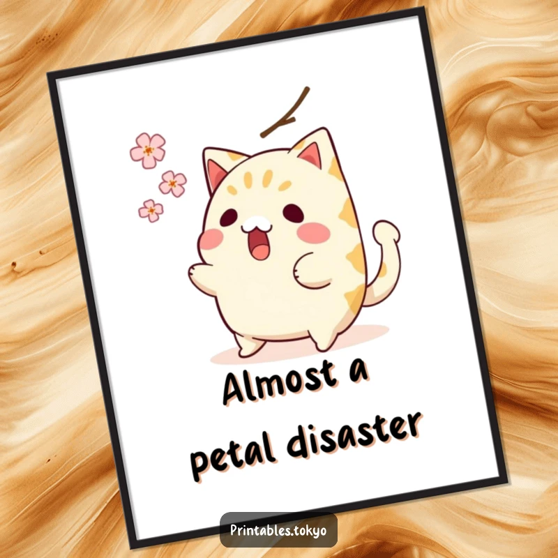 Funny poster of a surprised taiyaki character with wagging tail, narrowly dodging a falling cherry blossom, creating a humorous scene.