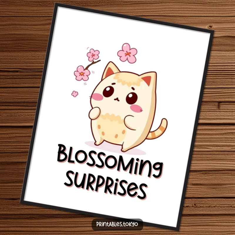 Funny surprised taiyaki character with wagging tail, narrowly missing a falling cherry blossom, depicted as a vibrant wall poster.