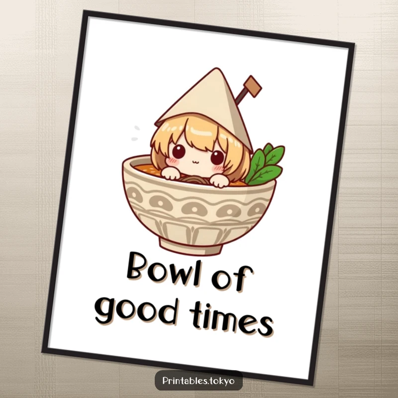 Funny poster displaying a cute character wearing a small paper hat, peeking out from a delicious ramen bowl, adding a touch of humor.