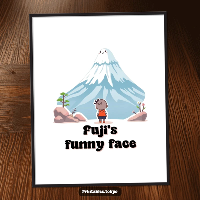Funny poster featuring a character gazing upwards in awe at a cheerful, smiling Mount Fuji, vibrant and whimsical in style.