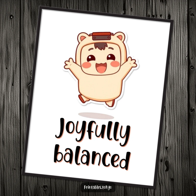 Funny Poster: A smiling character wearing a bento box accessory jumps happily, creating a delightful and humorous food-themed art piece, a funny gift.