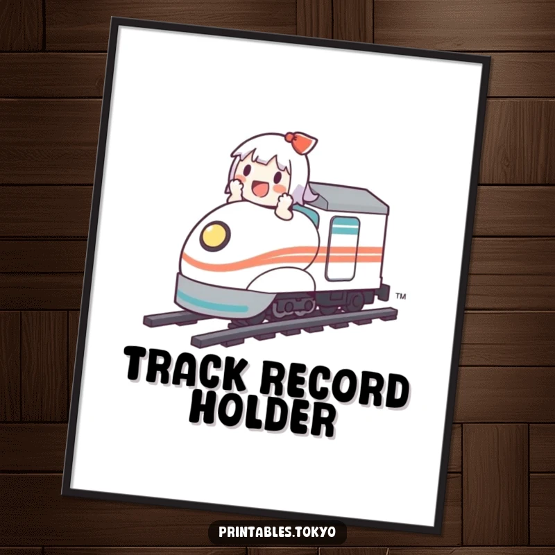 Funny poster depicting a cute character having an absolute blast while riding a tiny, fast bullet train.