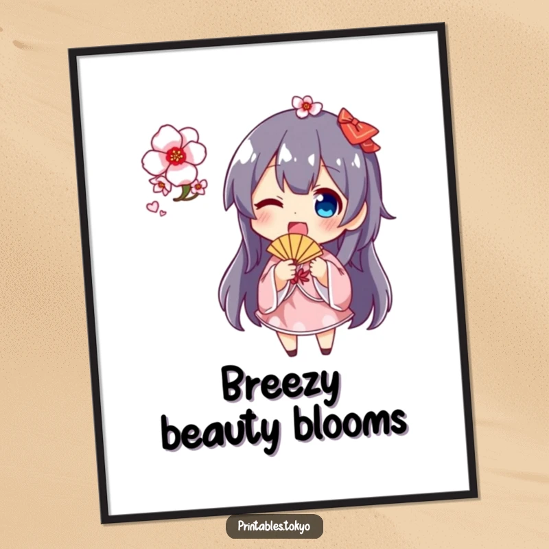 Funny cherry blossom fan poster depicting a happy character energetically waving a fan covered in vibrant cherry blossoms, bringing spring indoors.