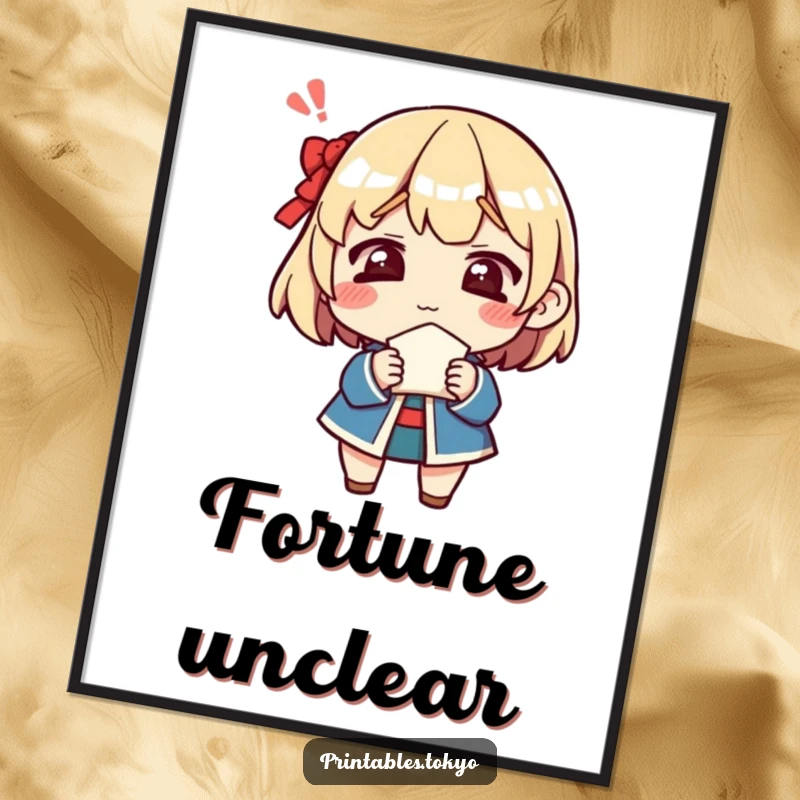 Funny poster capturing a character's confused look while holding a fortune cookie, perfect for adding a touch of witty contemplation to decor.