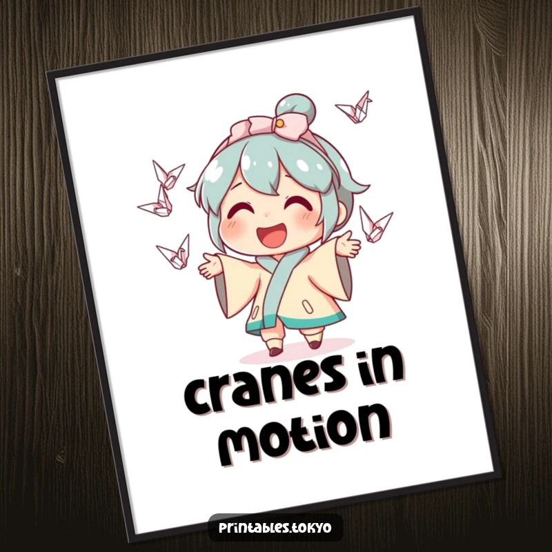 Funny poster print showcasing a character with a huge smile, expertly juggling a cascade of small, detailed origami cranes in a vibrant style.