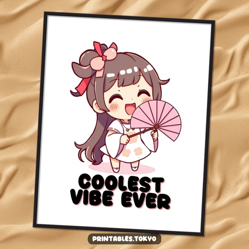 Funny poster of an excited character with a wide smile, enthusiastically waving an oversized fan to create a breeze.