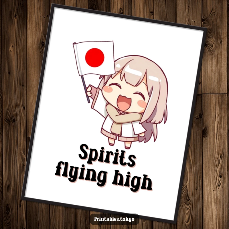 Funny poster of an energetic character enthusiastically waving a miniature Japanese flag, bringing a sense of celebration and cheer.