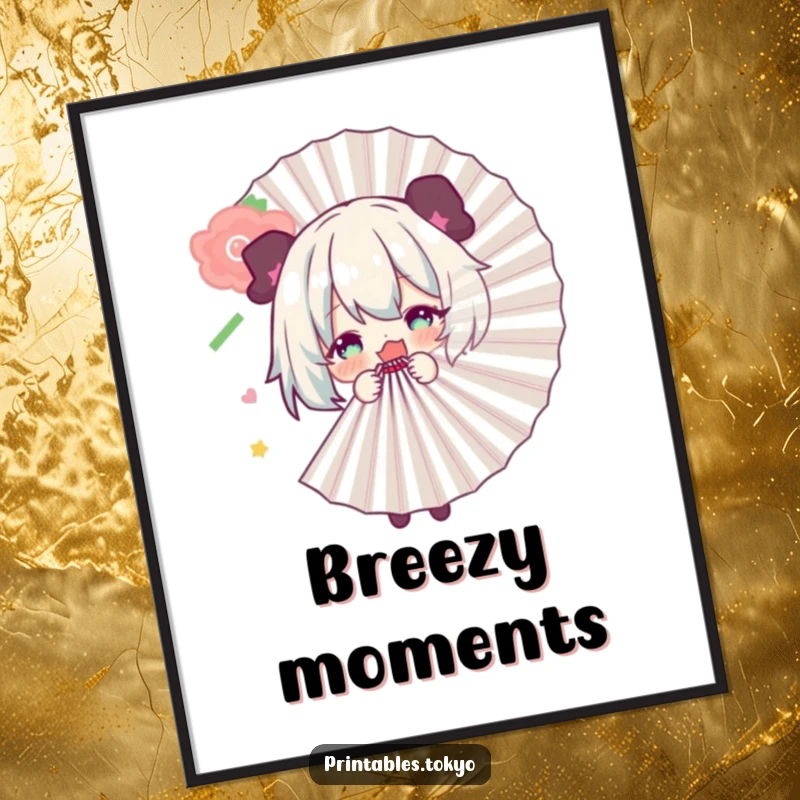 Funny poster showcasing a character playfully concealed behind a large decorative fan, perfect for adding a touch of shy charm to decor.