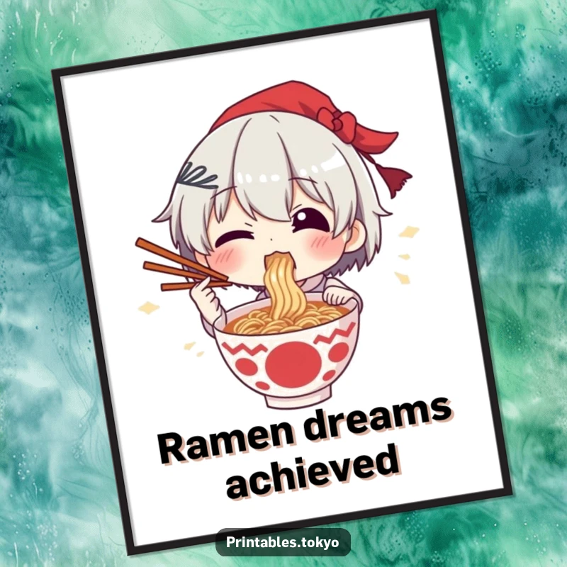 Funny poster art of a character joyfully eating ramen, chopsticks raised high in a celebratory gesture.